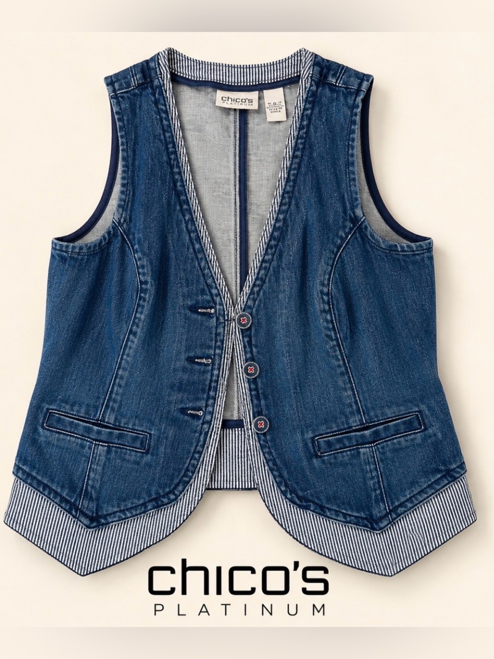 Chico’s Platinum Denim Vest Women’s Size 0 Cotton Spandex Button Up RN 79984